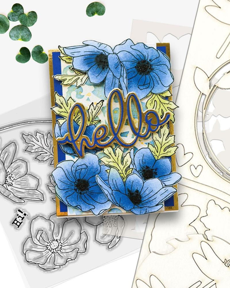 Mixed Flowers Beautiful Anemone Flowers A4 Chipboard Embellishment Sheet – Mixed Flowers, showcasing vibrant blue and yellow floral design with a 'hello' script embellishment.