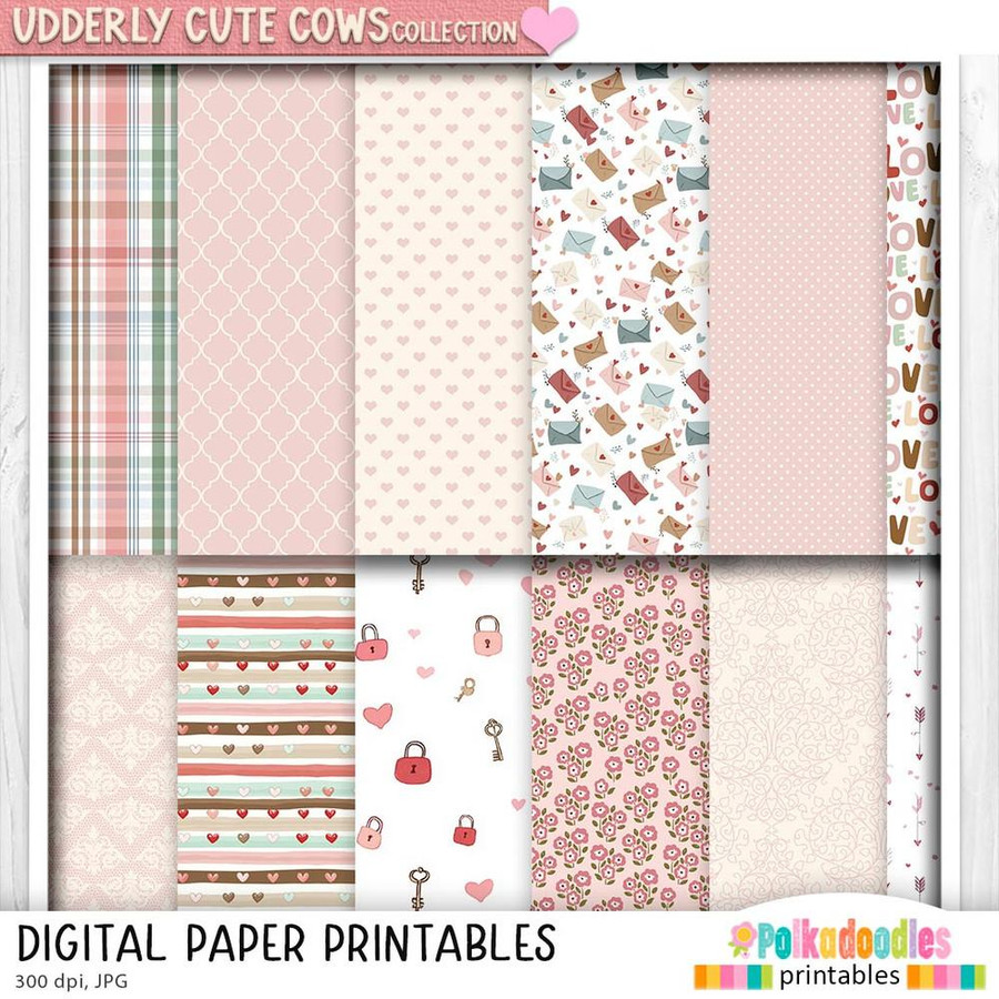 Udderly Cute Cows Love and Friendship BIG KAHUNA Printable Clipart Bundle – 500 Elements, a collection of digital papers with pink, cream, and pastel-colored patterns including hearts, flowers, stripes, checkers, and whimsical cow-themed designs for creative projects.
