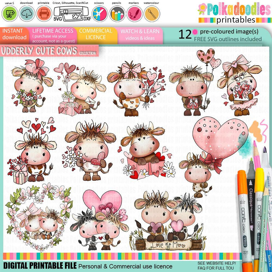 Udderly Cute Cows Love and Friendship BIG KAHUNA Printable Clipart Bundle – 500 Elements, set of adorable cartoon cows with hearts, flowers, balloons, and love-themed accessories in a sweet, playful style.