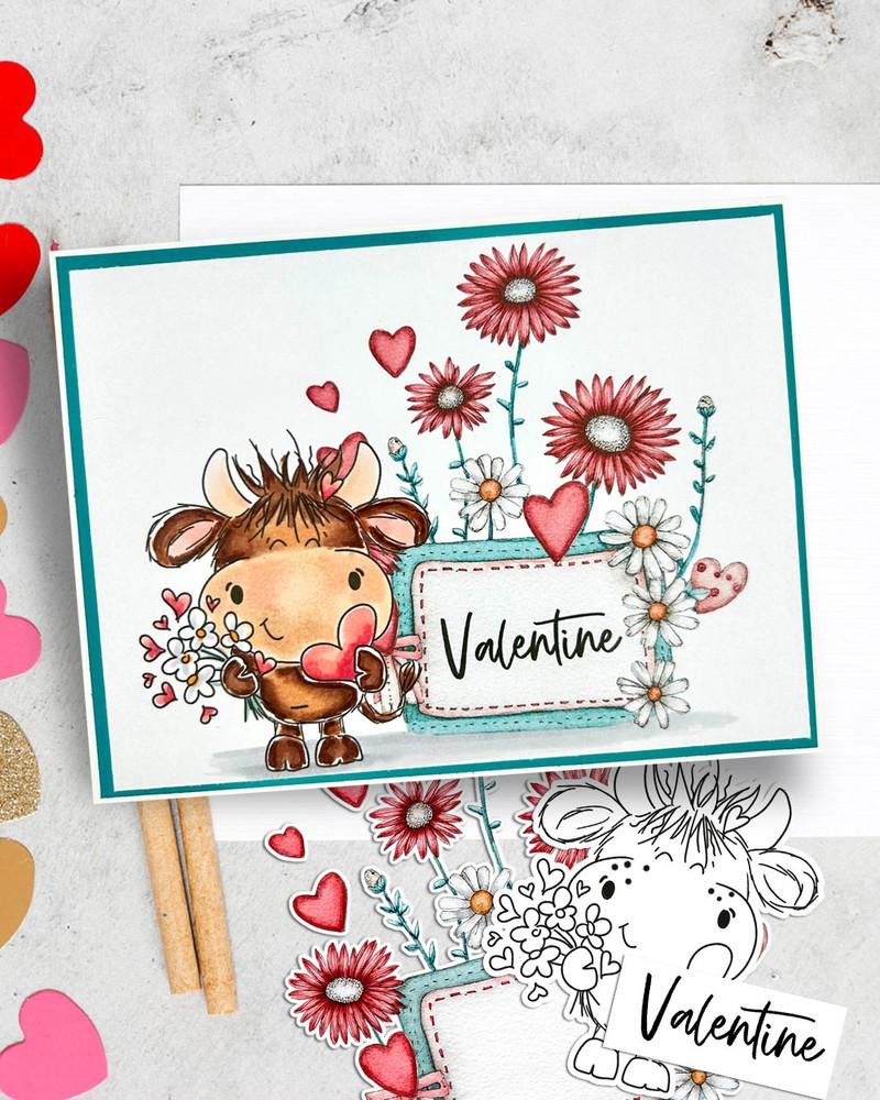 Udderly Cute Cows Love and Friendship BIG KAHUNA Printable Clipart Bundle – 500 Elements, Valentine's Day themed cow illustration holding a heart with flowers and heart accents.