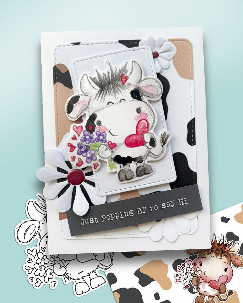 Udderly Cute Cows Love and Friendship BIG KAHUNA Printable Clipart Bundle – 500 Elements, cute illustrated cow holding a bouquet of purple flowers and a heart, with floral and cow print accents, suitable for crafting and creative projects.