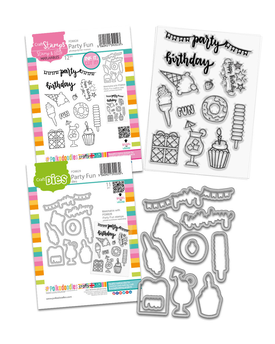 Party Fun Stamps & Outline dies bundle A6/4x6" - Card making, craft supplies, scrapbooking