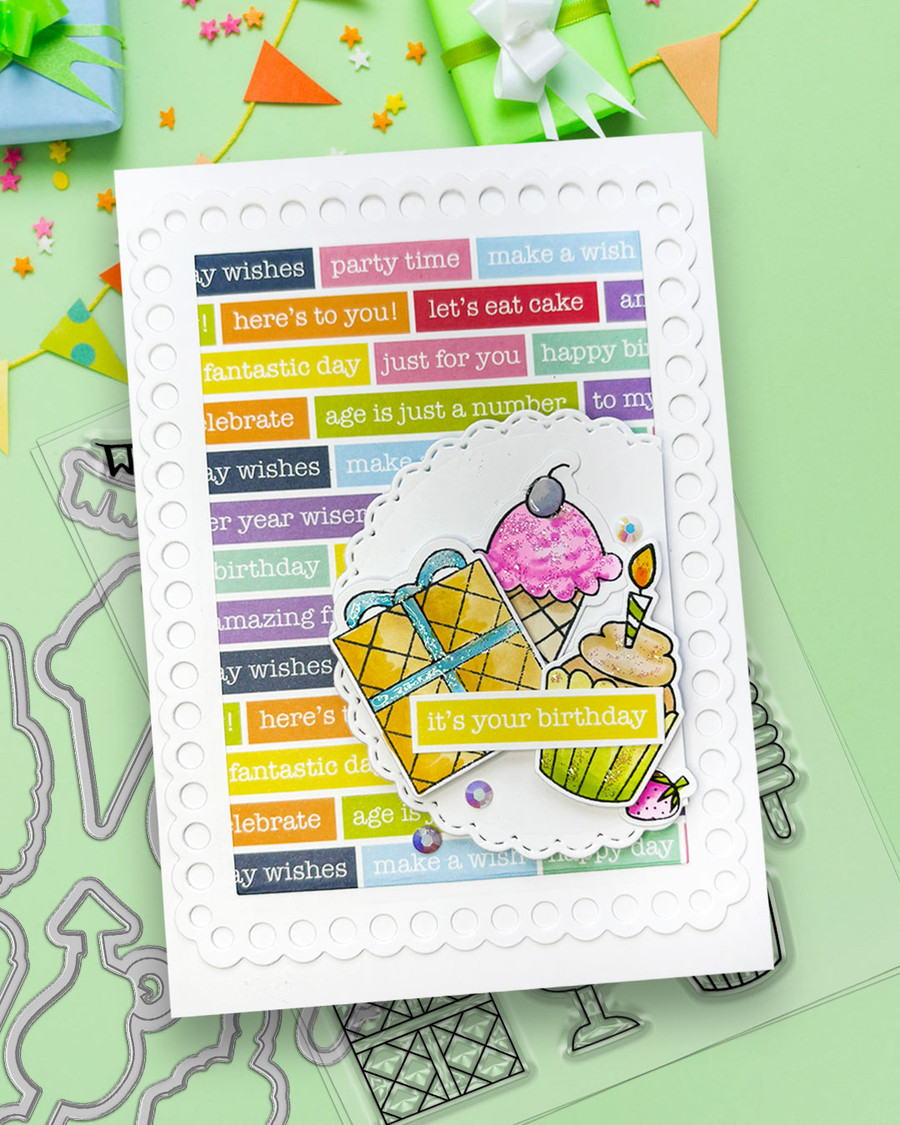 Party Fun Stamps & Outline dies bundle A6/4x6" - Card making, craft supplies, scrapbooking