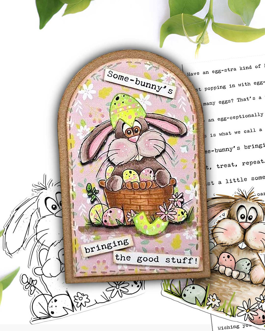 Bunny Surprise Easter Basket - BLACK/WHITE colouring digital stamp for Card Making, Scrapbooking, Junk Journal, svg, craft stickers & planners.