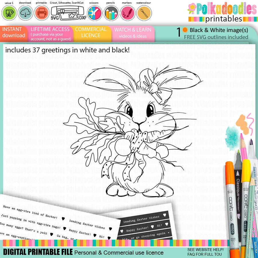 Bunny with Carrots - BLACK/WHITE colouring digital stamp printable for Card Making, Scrapbooking, Junk Journal, svg, craft stickers & planners
