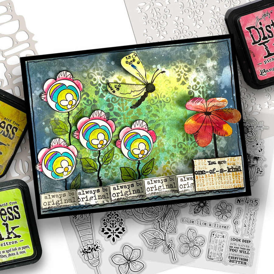 One of a Kind bundle - Clear Stamps and Stencils for mixed media card making craft