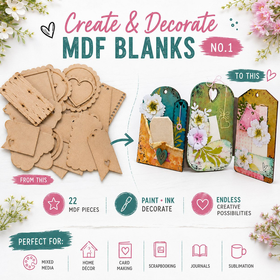 Create & Decorate MDF Blanks No.1 – 22 Piece MDF Crafting & Mixed Media Kit