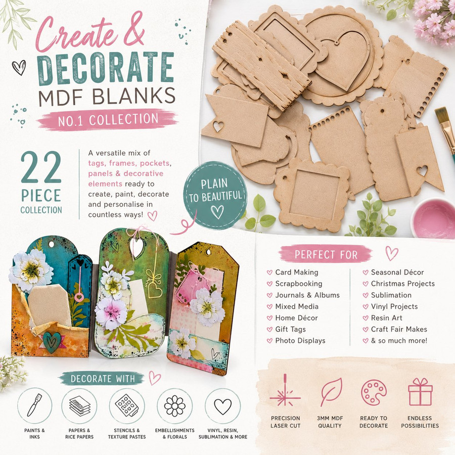 Create & Decorate MDF Blanks No.1 – 22 Piece MDF Crafting & Mixed Media Kit