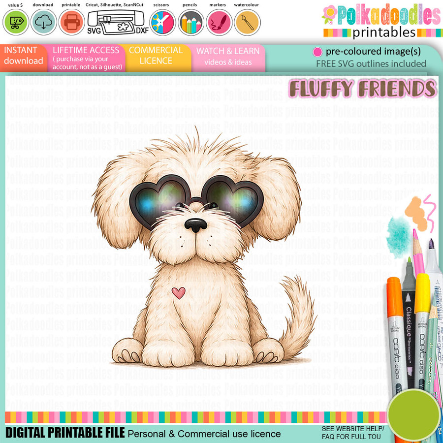 Pickles Puppy Dog with glasses 3 - Digital Stamp PNG Clipart SVG Download for Card Making Scrapbooking Junk Journals Crafts Stickers