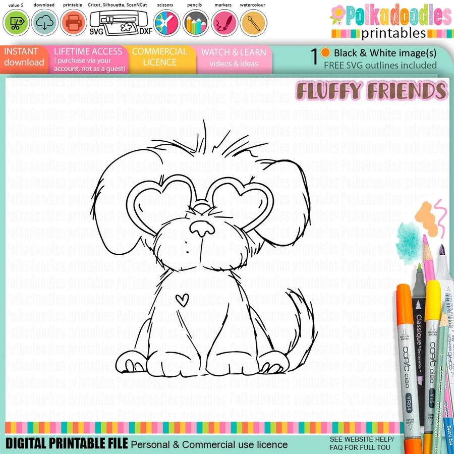 Pickles Puppy Dog with glasses - Digital Stamp PNG printable Download for Card Making Scrapbooking Junk Journals Crafts Stickers