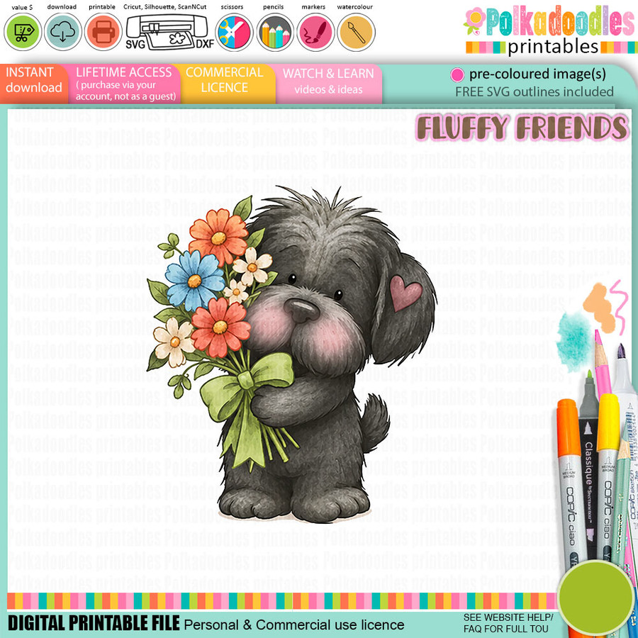 Pickles dog flower bouquet - colour Clipart SVG printable craft Download for Card Making Scrapbooking Junk Journals Crafts Stickers.