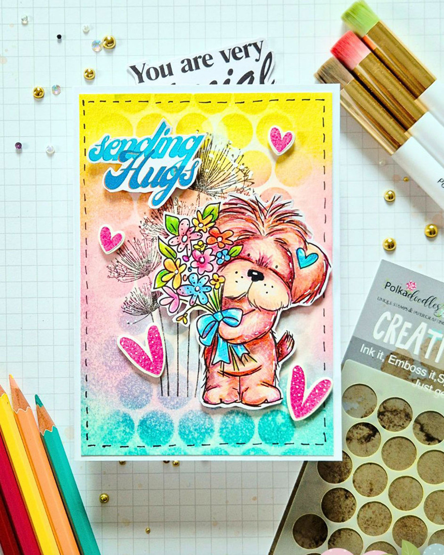 Pickles dog with flower bouquet Digital Stamp - Cute Fluffy Friends printable craft Download for Card Making Scrapbooking Junk Journals Crafts Stickers.