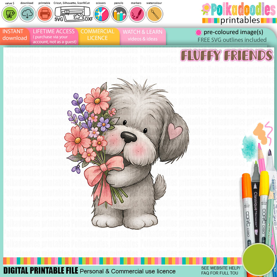 Pickles dog flower bouquet 2 - colour Clipart SVG printable craft Download for Card Making Scrapbooking Junk Journals Crafts Stickers