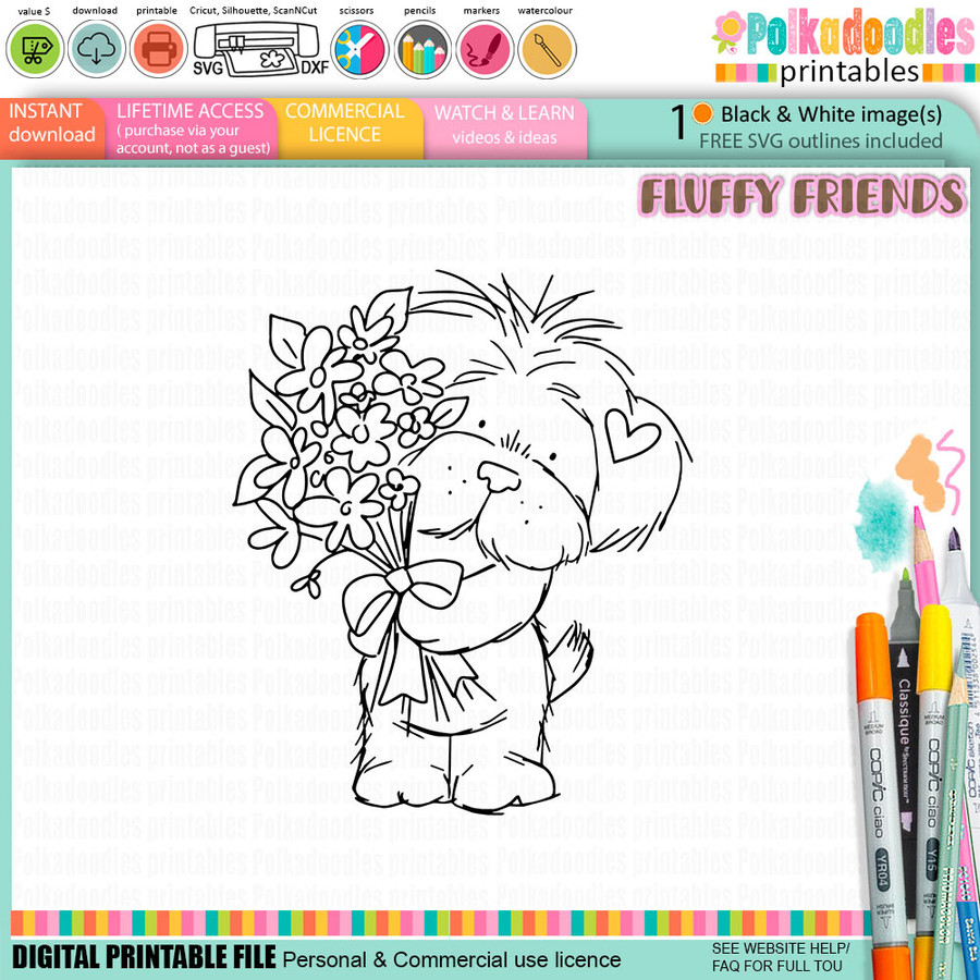 Pickles dog with flower bouquet Digital Stamp - Cute Fluffy Friends printable craft Download for Card Making Scrapbooking Junk Journals Crafts Stickers.