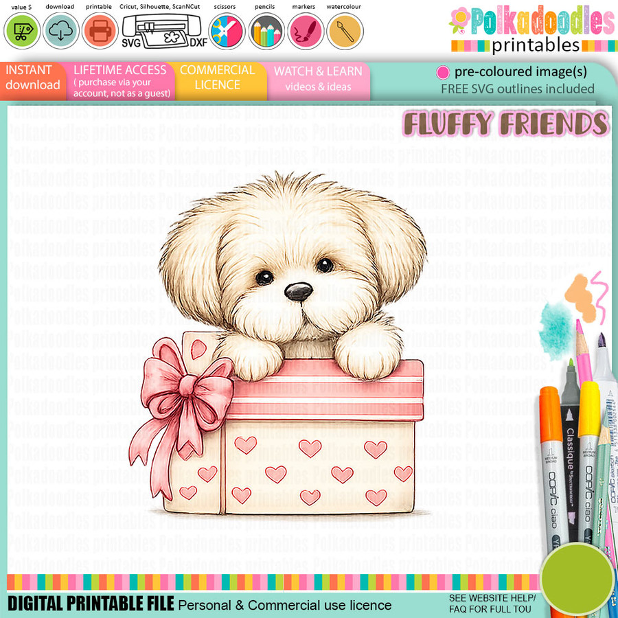 Pickles dog with gift/present-2  colour Clipart SVG printable craft Download for Card Making Scrapbooking Junk Journals Crafts Stickers