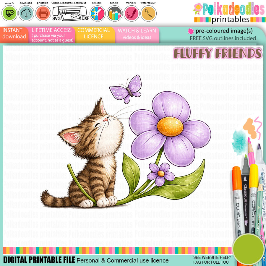 Peaches Cat daisy butterfly 1 - colour Clipart SVG printable craft Download for Card Making Scrapbooking Junk Journals Crafts Stickers