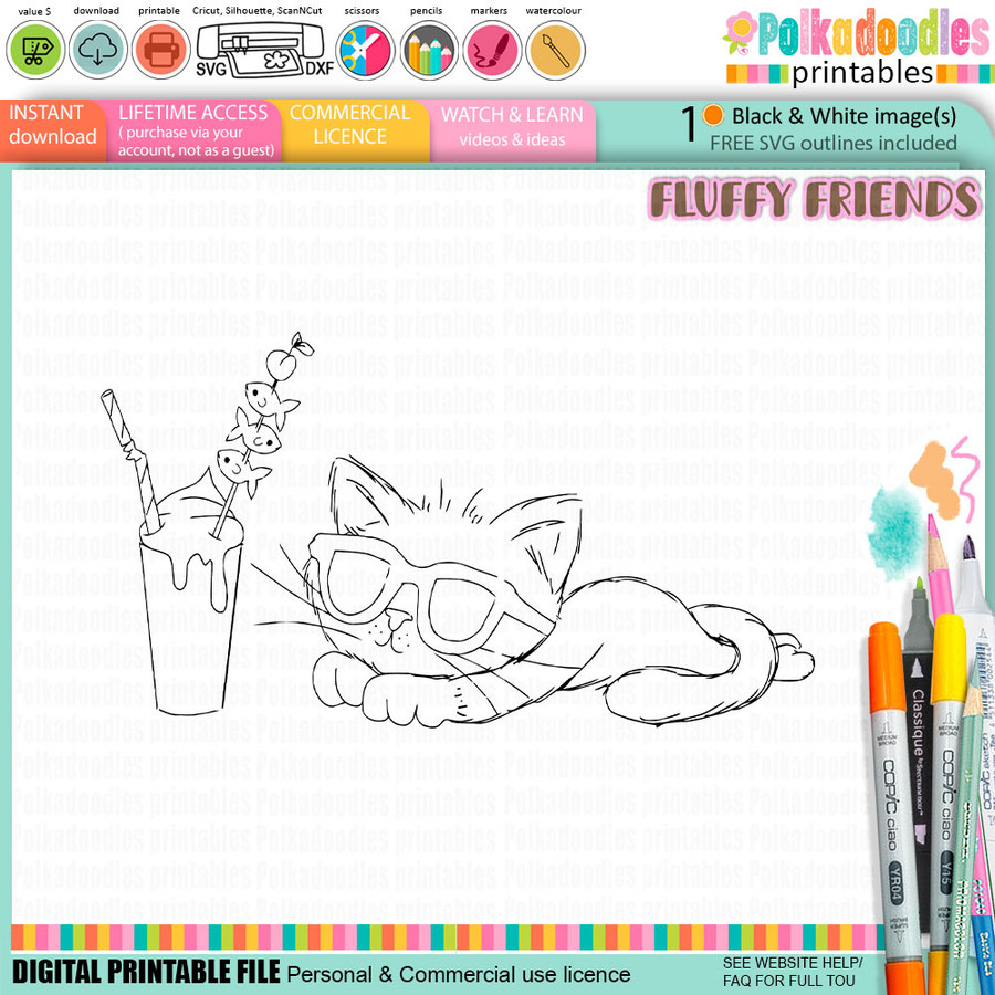 Peaches Cat sun glasses & cocktails Digital Stamp - Cute Fluffy Friends printable craft Download for Card Making Scrapbooking Junk Journals Crafts Stickers