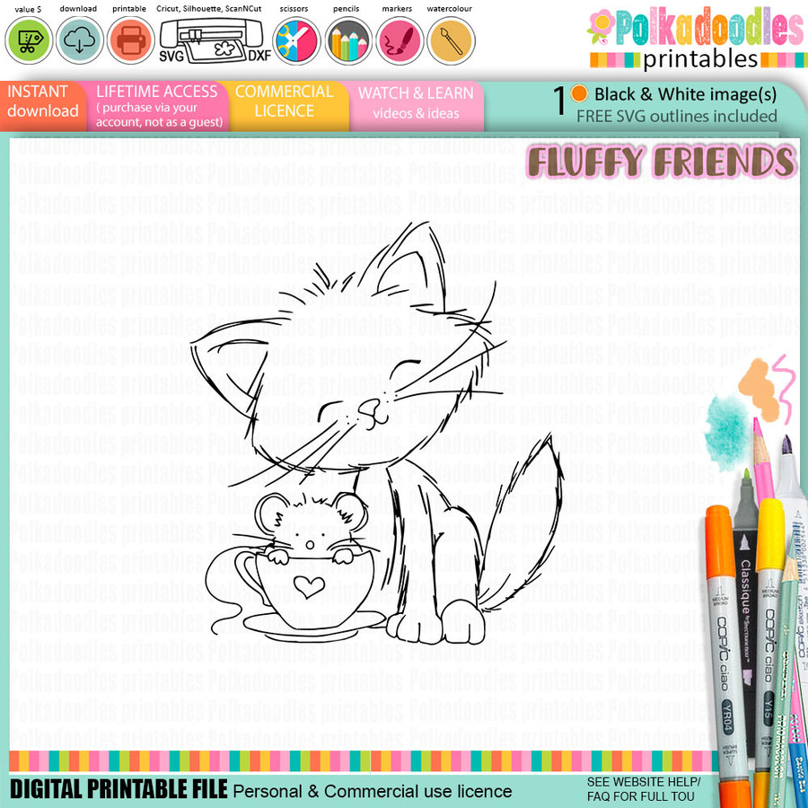 Peaches Cat & Nibbles Mouse Digital Stamp- Cute Fluffy Friends printable craft Download for Card Making Scrapbooking Junk Journals Crafts Stickers