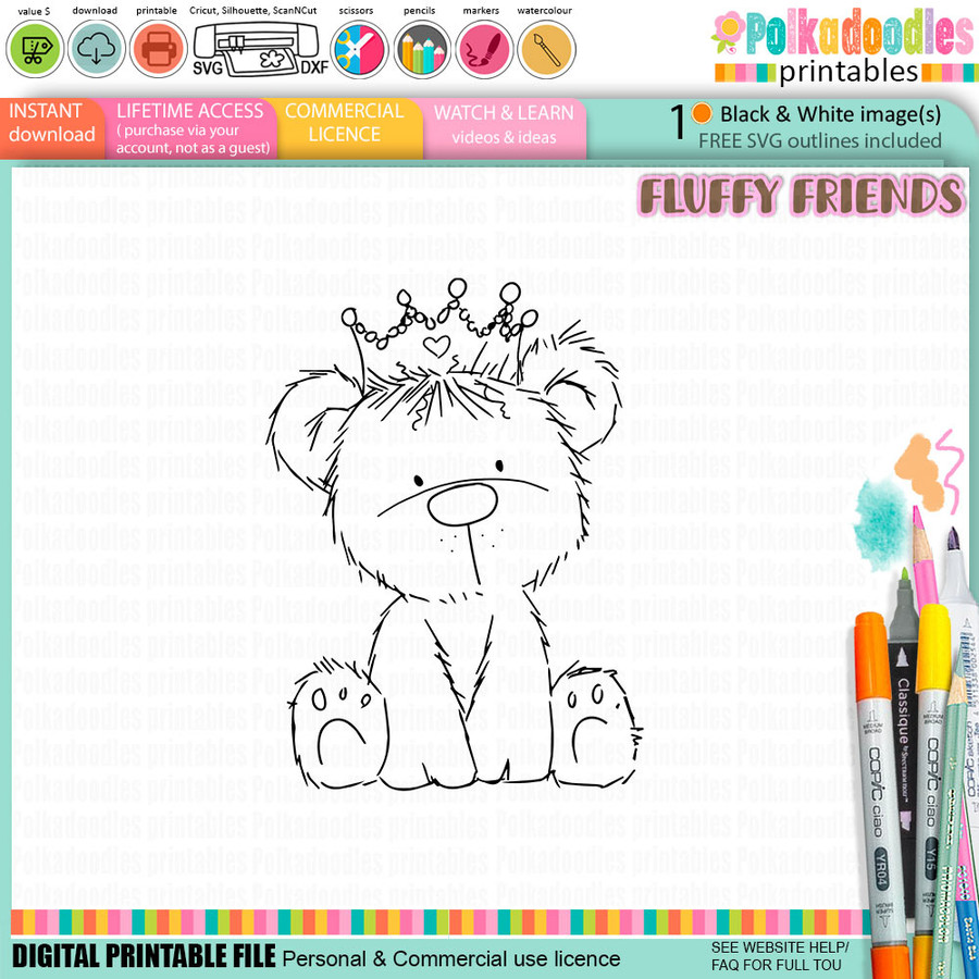 Monty bear crown birthday hat Digital Stamp - Cute Fluffy Friends printable craft Download for Card Making Scrapbooking Junk Journals Crafts Stickers.