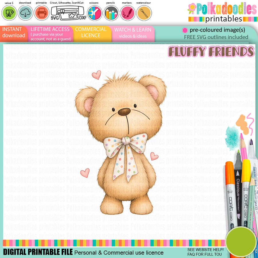 Monty bear big bow - colour Clipart SVG printable craft Download for Card Making Scrapbooking Junk Journals Crafts Stickers.
