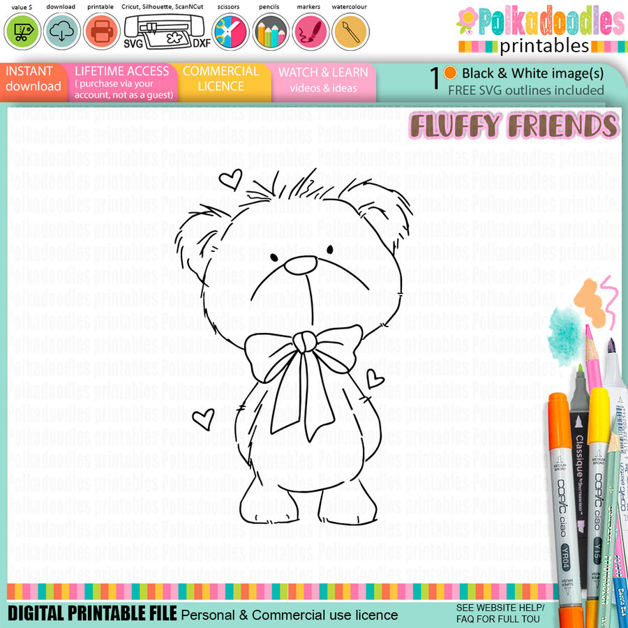 Monty bear big bow Digital Stamp Digital Stamp - Cute Fluffy Friends printable craft Download for Card Making Scrapbooking Junk Journals Crafts Stickers.