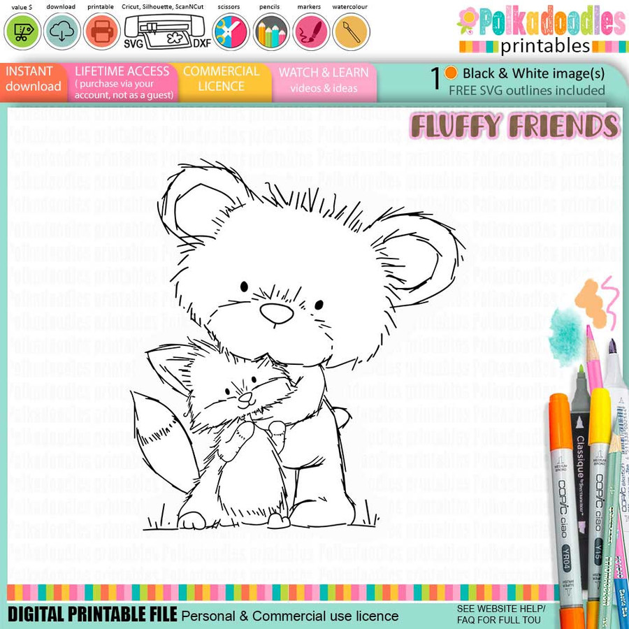 Monty Bear & Rusty Fox hugs Digital Stamp Digital Stamp - Cute Fluffy Friends printable craft Download for Card Making Scrapbooking Junk Journals Crafts Stickers.