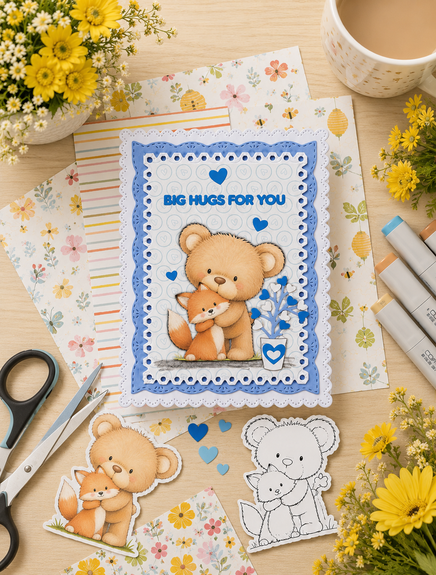 Monty Bear & Rusty Fox hugs Digital Stamp Digital Stamp - Cute Fluffy Friends printable craft Download for Card Making Scrapbooking Junk Journals Crafts Stickers.