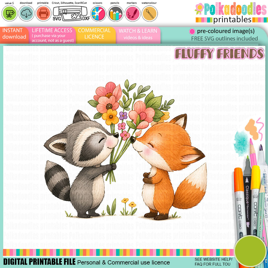 Rascal Racoon & Rusty fox bunch of flowers 1- colour Clipart SVG printable craft Download for Card Making Scrapbooking Junk Journals Crafts Stickers.