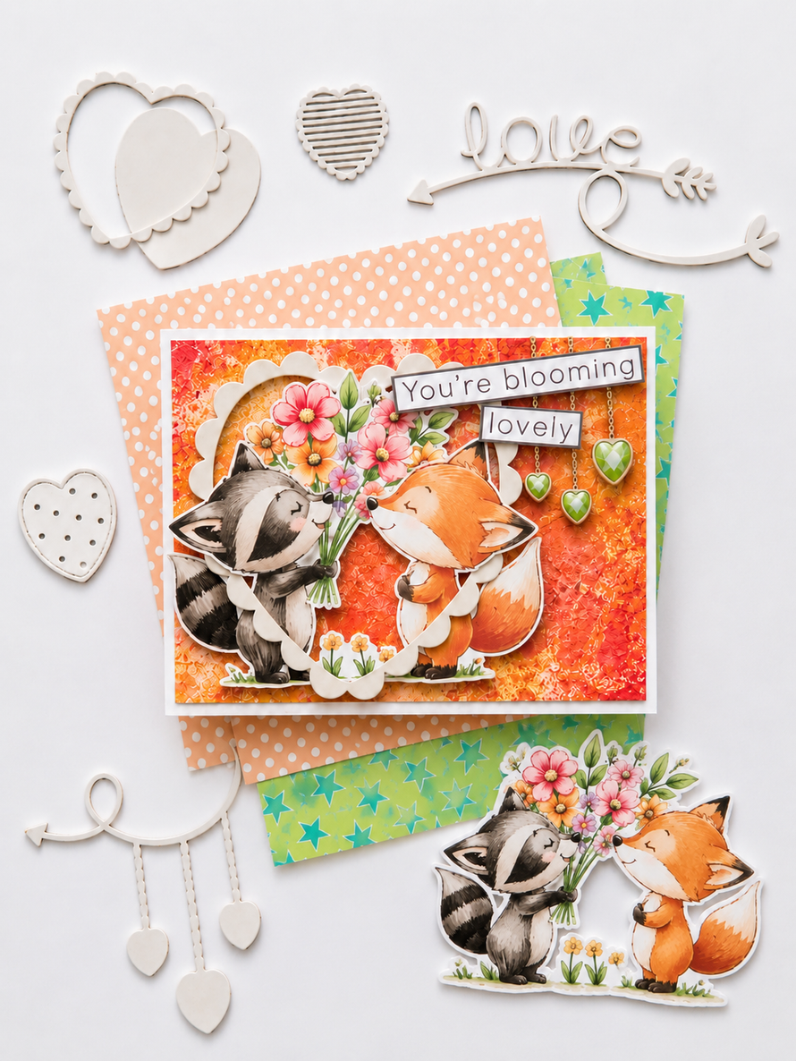 Rascal Racoon & Rusty Fox bunch of flowers Digital Stamp Digital Stamp - Cute Fluffy Friends printable craft Download for Card Making Scrapbooking Junk Journals Crafts Stickers.