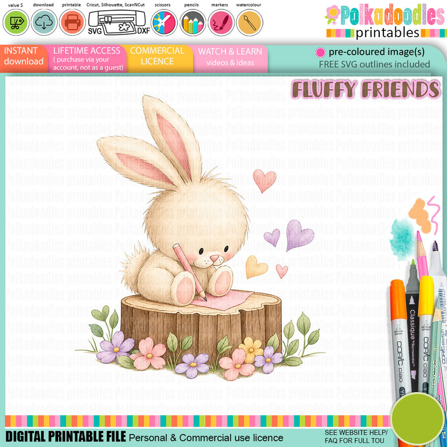 Clover Bunny rabbit writing a note - colour Clipart SVG printable craft Download for Card Making Scrapbooking Junk Journals Crafts Stickers.