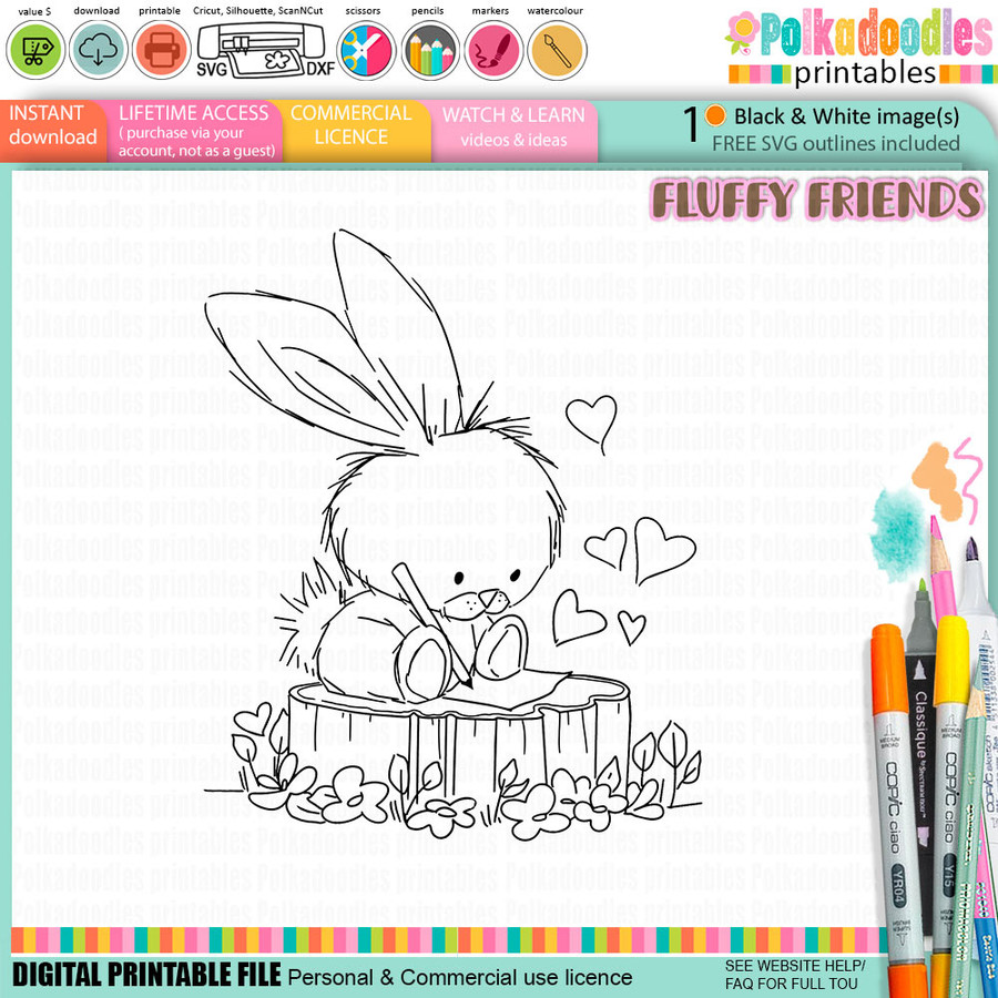 Clover Bunny rabbit writing a note Digital Stamp Digital Stamp - Cute Fluffy Friends printable craft Download for Card Making Scrapbooking Junk Journals Crafts Stickers.