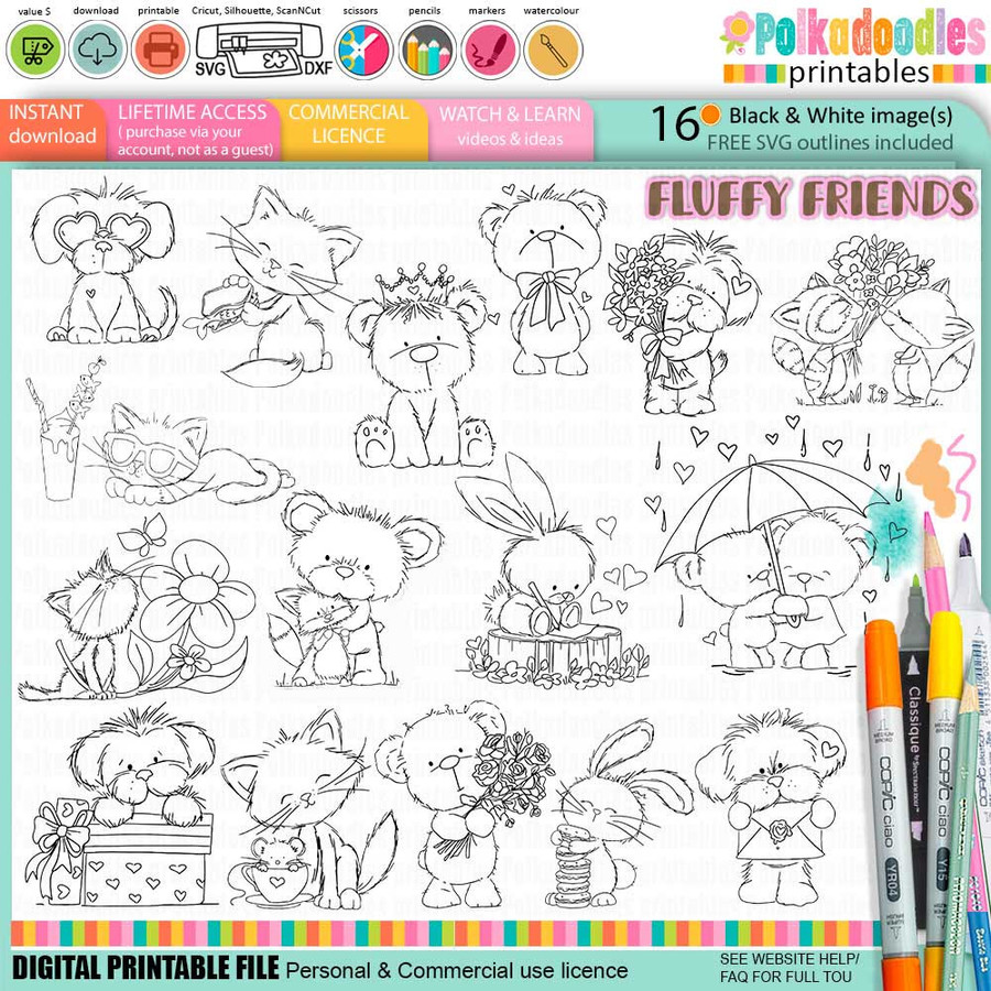 Fluffy Friends Black & White Digital Stamps Bundle Download for Card Making Scrapbooking Junk Journals Crafts Stickers. Amazing value bundle!
