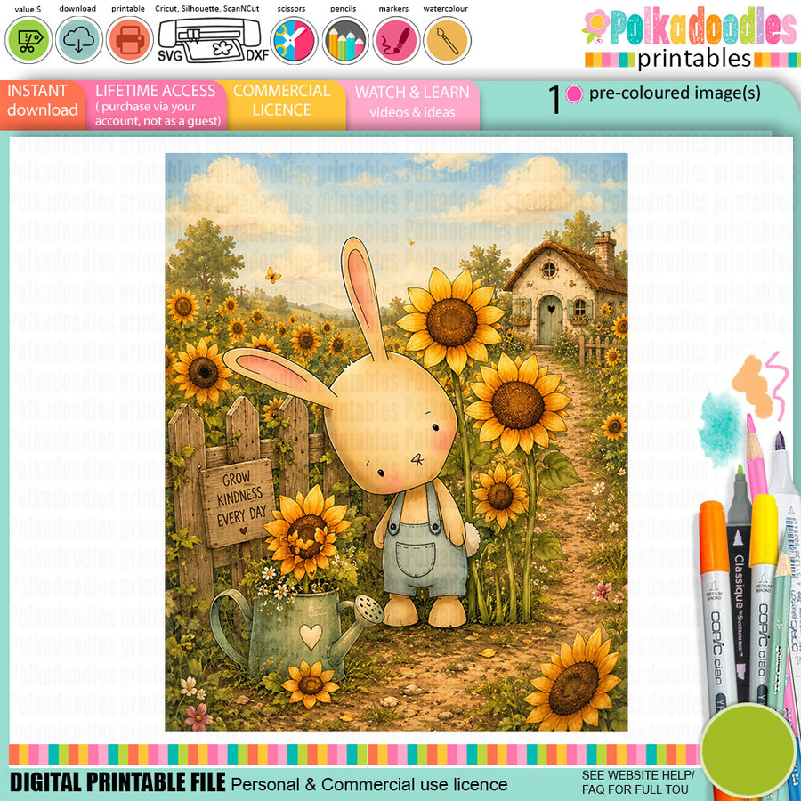 Gil Bunny sunflowers & kindness - colour clipart printable Digital Stamp & clipart craft Download for Card Making Scrapbooking Junk Journals , coloring book, Stickers.