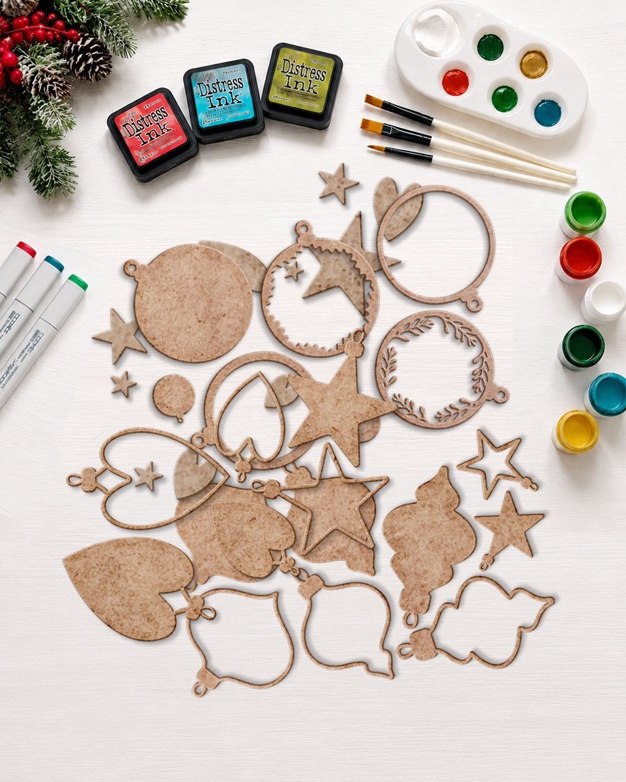 Create & Decorate Christmas MDF Blanks Kit - 60 Pc Wooden Craft Shapes & Tags,| 3mm MDF