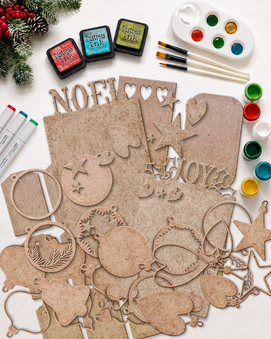 Create & Decorate Christmas MDF Blanks Kit - 60 Pc Wooden Craft Shapes & Tags,| 3mm MDF