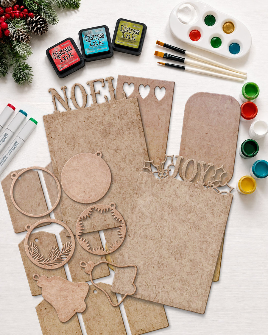 Create & Decorate Christmas MDF Blanks Kit - 60 Pc Wooden Craft Shapes & Tags,| 3mm MDF