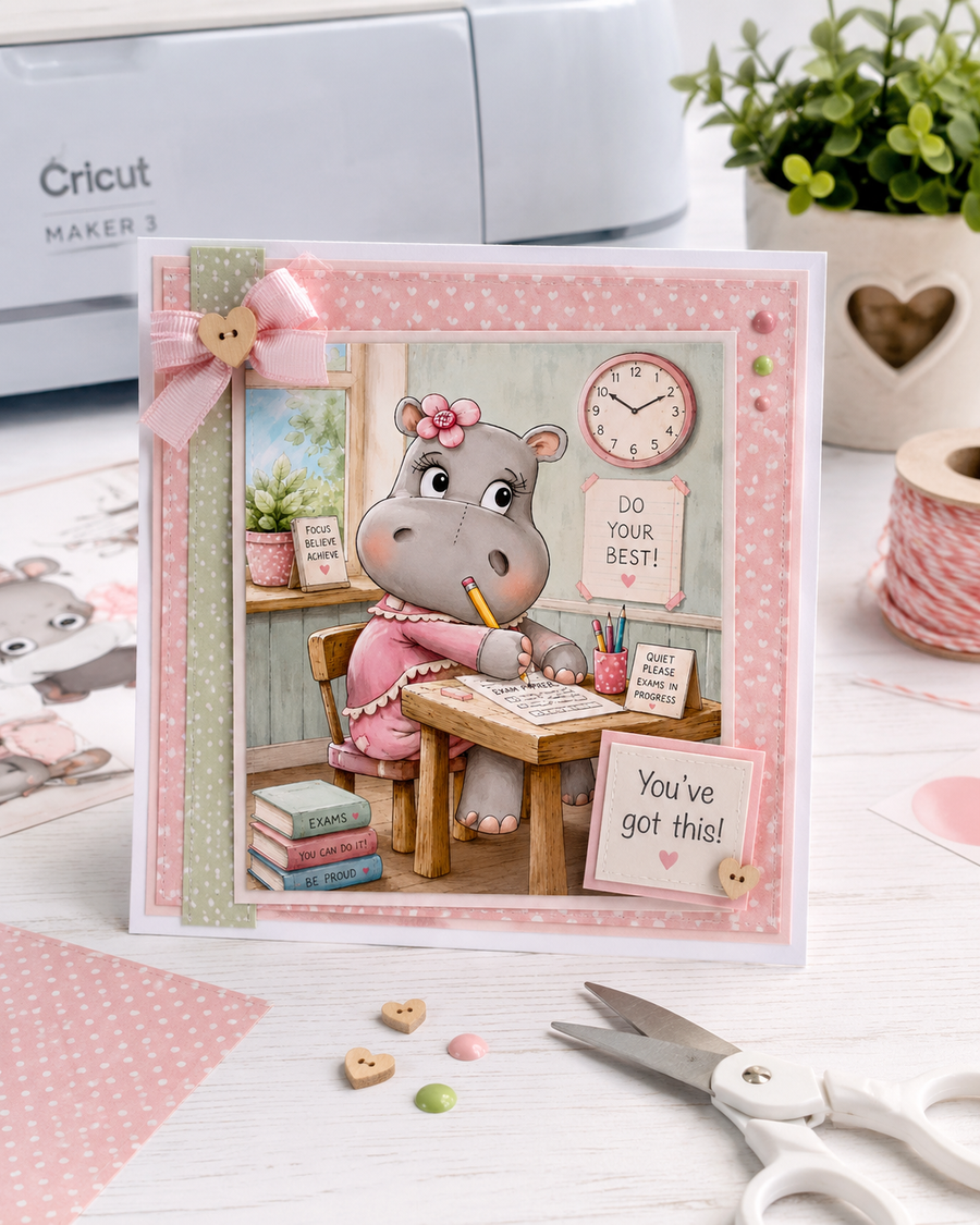 Helga Hippo Exam Time - printable Digital Stamp & clipart craft Download for Card Making Scrapbooking Junk Journals , coloring book, Stickers. exams study school graduation.