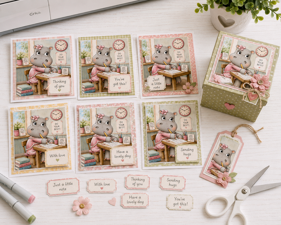 Helga Hippo Exam Time - printable Digital Stamp & clipart craft Download for Card Making Scrapbooking Junk Journals , coloring book, Stickers. exams study school graduation.