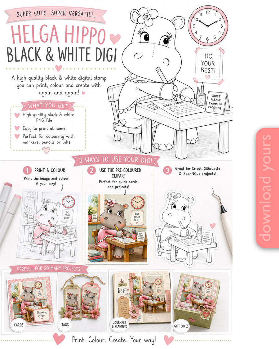 Helga Hippo Exam Time - printable Digital Stamp & clipart craft Download for Card Making Scrapbooking Junk Journals , coloring book, Stickers. exams study school graduation.
