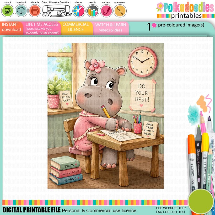 Helga Hippo Exam Time - printable PRECOLOURED clipart craft Download for Card Making Scrapbooking Junk Journals , coloring book, Stickers. exams study school graduation.