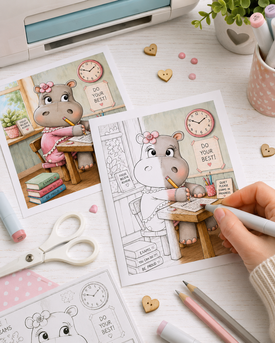 Helga Hippo Exam Time - printable PRECOLOURED clipart craft Download for Card Making Scrapbooking Junk Journals , coloring book, Stickers. exams study school graduation.