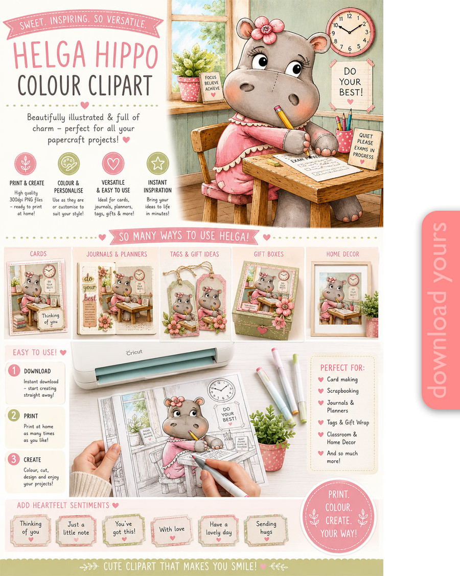 Helga Hippo Exam Time - printable PRECOLOURED clipart craft Download for Card Making Scrapbooking Junk Journals , coloring book, Stickers. exams study school graduation.