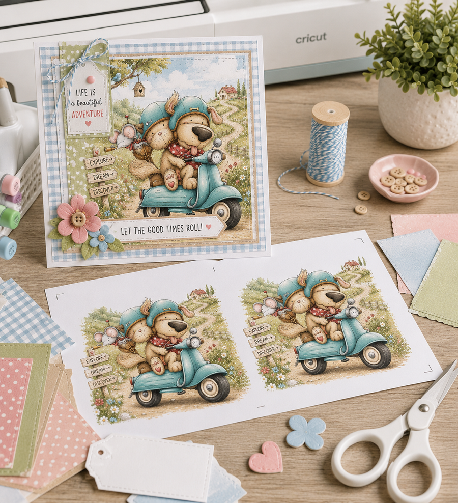 Horace and Boo Cat and Dog Scooting along - printable Digital Stamp & clipart craft Download for Card Making Scrapbooking Junk Journals , coloring book, Stickers. exams study school graduation.