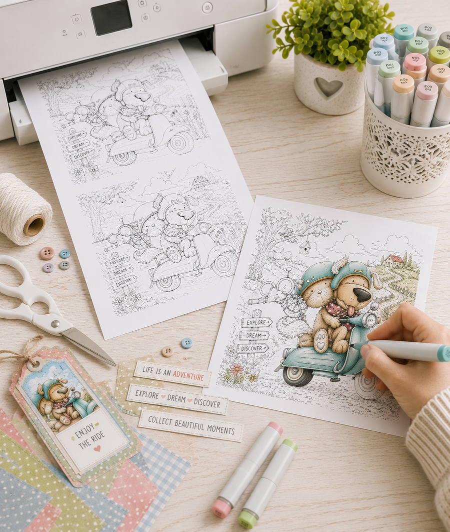 Horace and Boo Cat and Dog Scooting along - printable Digital Stamp & clipart craft Download for Card Making Scrapbooking Junk Journals , coloring book, Stickers. exams study school graduation.
