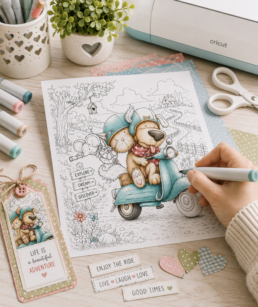 Horace and Boo Cat and Dog Scooting along - printable Digital Stamp & clipart craft Download for Card Making Scrapbooking Junk Journals , coloring book, Stickers. exams study school graduation.