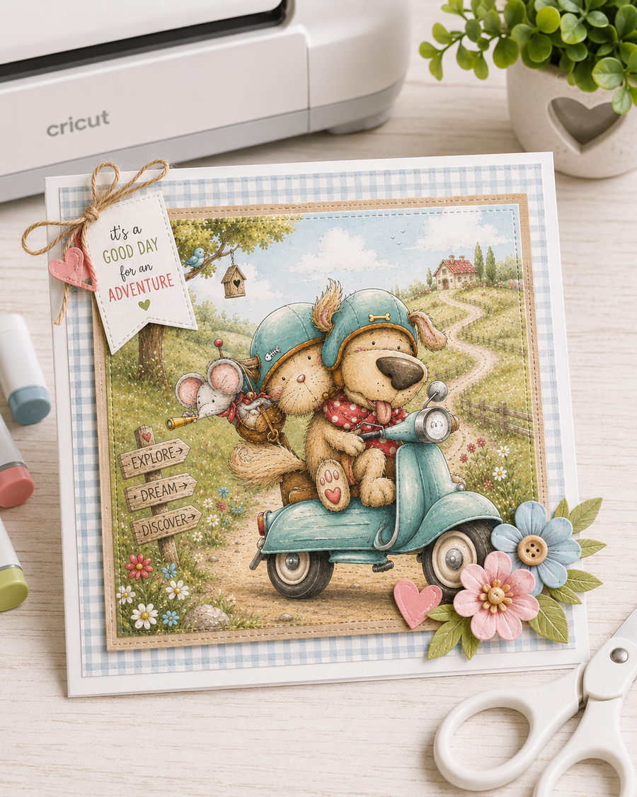 Horace and Boo Cat and Dog Scooting along - printable Digital Stamp & clipart craft Download for Card Making Scrapbooking Junk Journals , coloring book, Stickers. exams study school graduation.