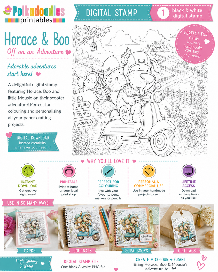 Horace and Boo Cat and Dog Scooting along - printable Digital Stamp & clipart craft Download for Card Making Scrapbooking Junk Journals , coloring book, Stickers. exams study school graduation.