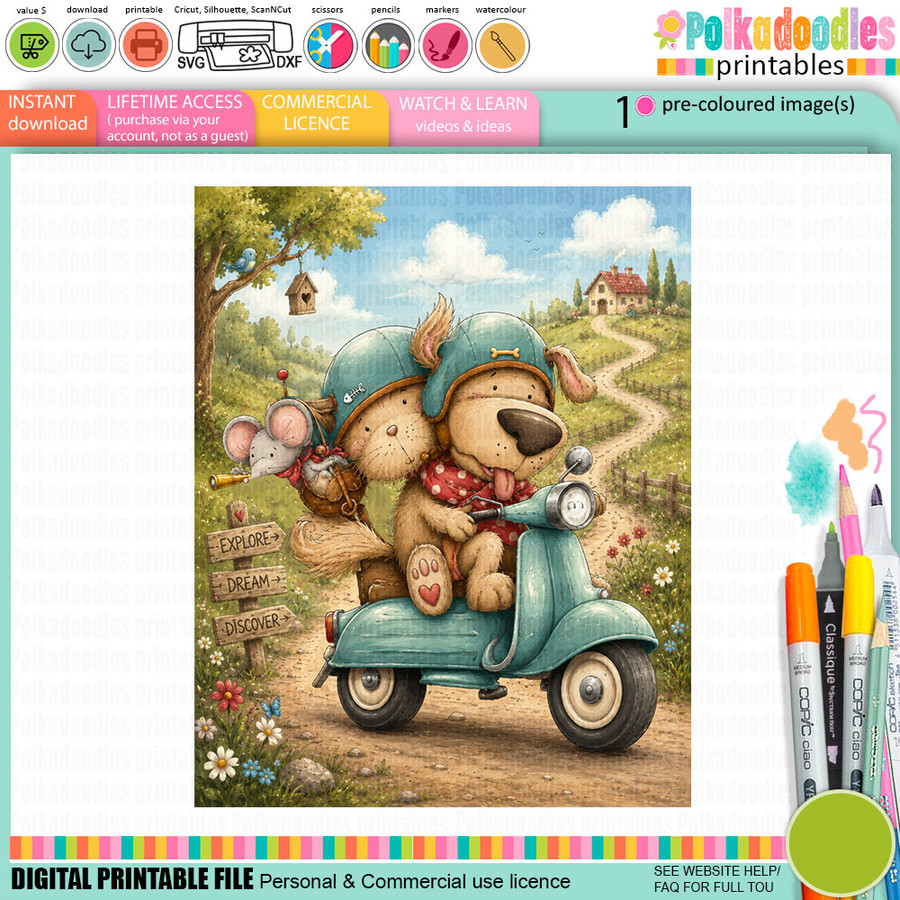 Horace and Boo Cat and Dog Scooting along - printable COLOUR clipart craft Download for Card Making Scrapbooking Junk Journals , coloring book, Stickers. exams study school graduation.