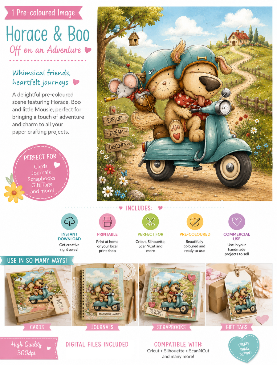 Horace and Boo Cat and Dog Scooting along - printable COLOUR clipart craft Download for Card Making Scrapbooking Junk Journals , coloring book, Stickers. exams study school graduation.