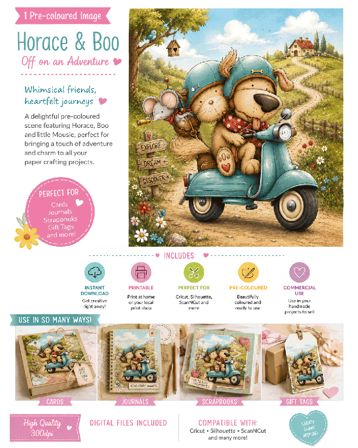 Horace and Boo Cat and Dog Scooting along - printable COLOUR clipart craft Download for Card Making Scrapbooking Junk Journals , coloring book, Stickers. exams study school graduation.